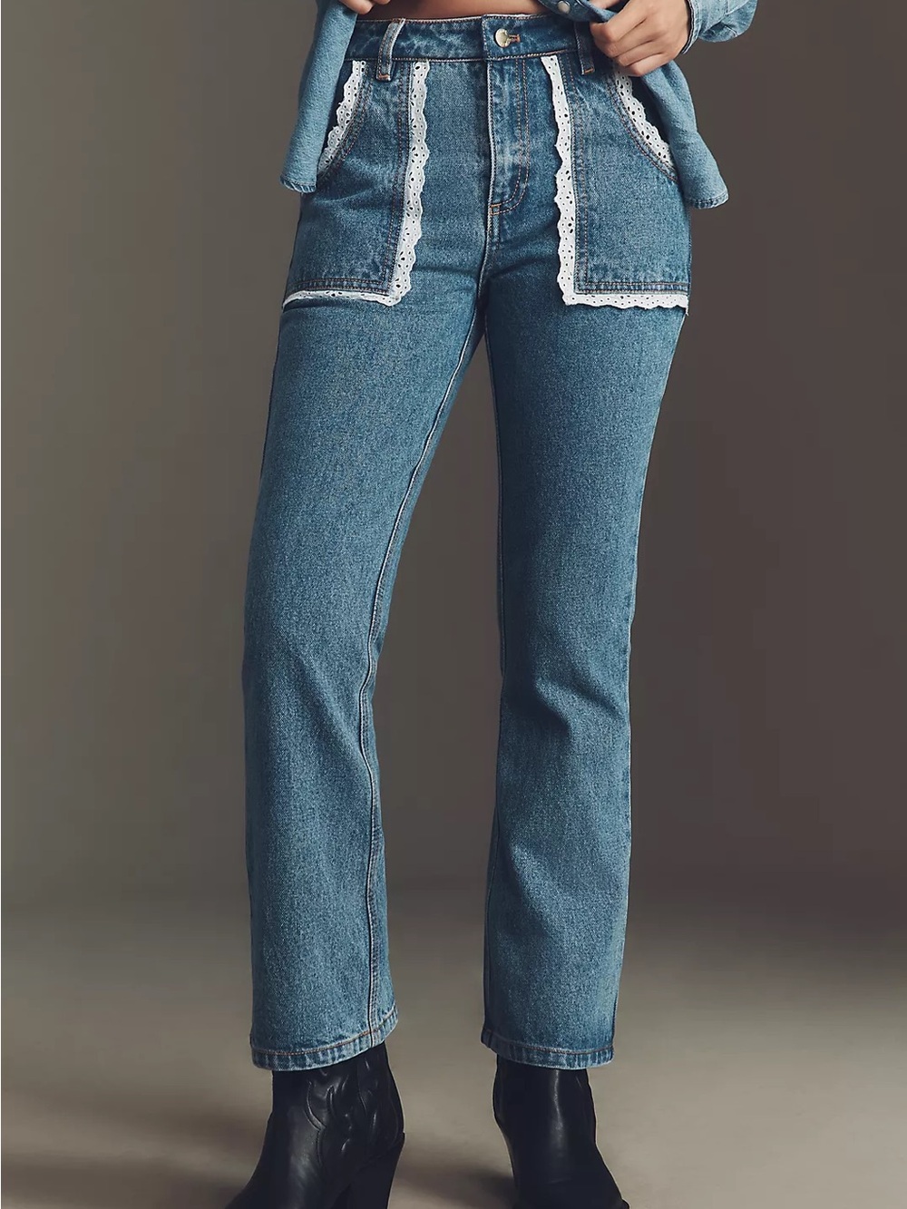 Cynthia Rowley Blue Denim Cropped Jeans with White Lace Trim